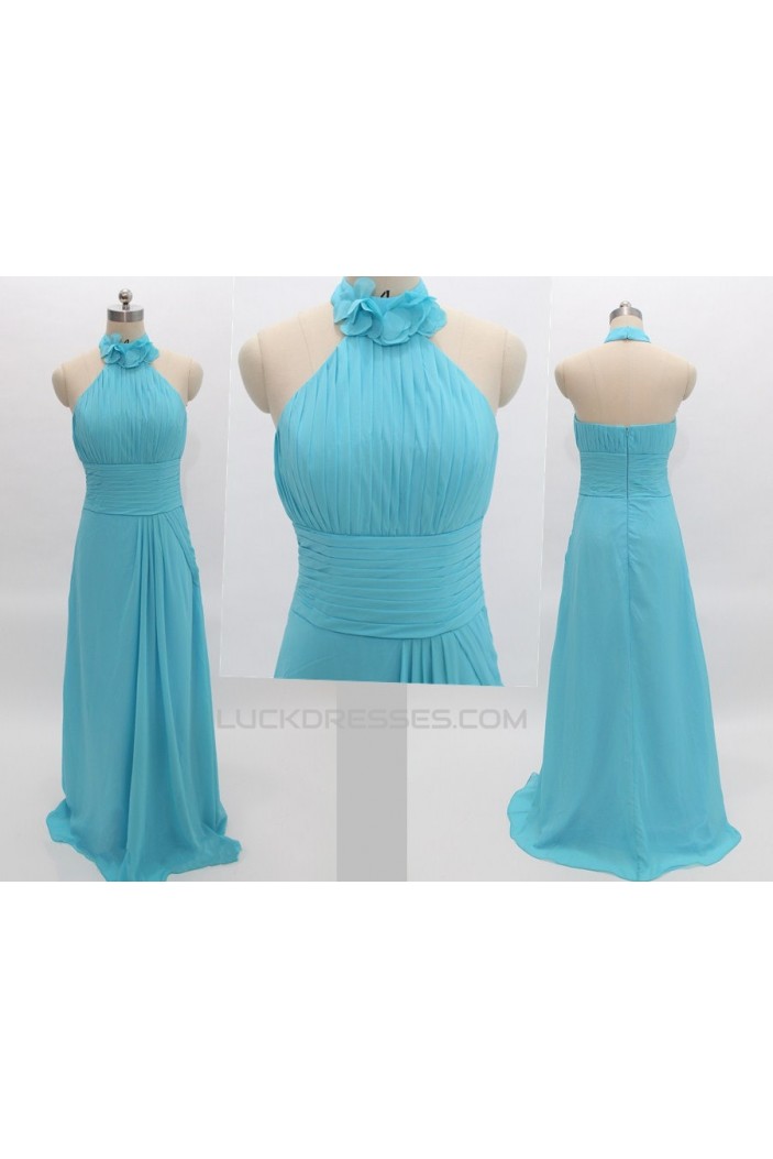 A-Line Halter Long Blue Chiffon Prom Evening Formal Bridesmaid Dresses ED011081