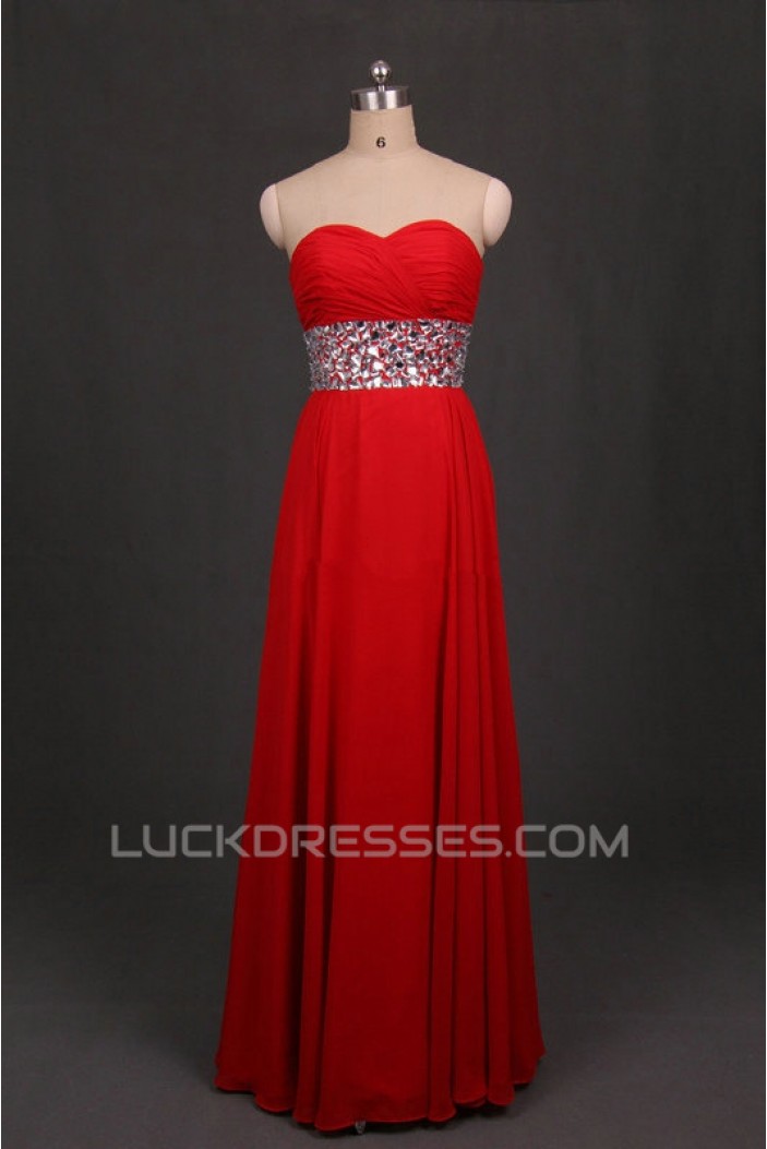 A-Line Sweetheart Beaded Long Red Chiffon Prom Evening Formal Dresses ED011097