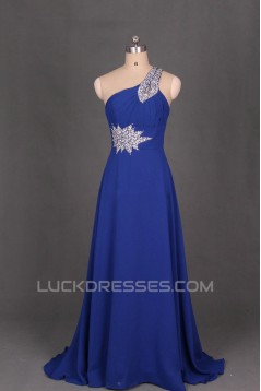A-Line One-Shoulder Beaded Long Blue Chiffon Prom Evening Formal Dresses ED011098