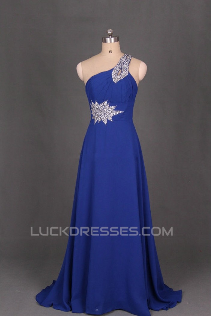 A-Line One-Shoulder Beaded Long Blue Chiffon Prom Evening Formal Dresses ED011098