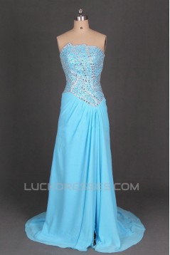 A-Line Strapless Beaded Long Chiffon Prom Evening Formal Dresses ED011100