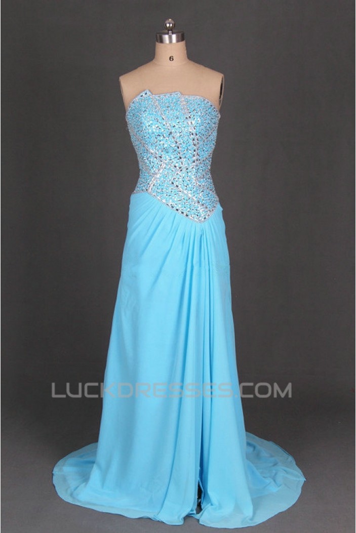 A-Line Strapless Beaded Long Chiffon Prom Evening Formal Dresses ED011100