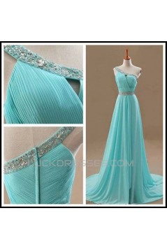 A-Line One-Shoulder Beaded Long Blue Chiffon Prom Evening Formal Dresses ED011108