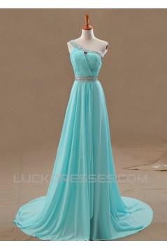 A-Line One-Shoulder Beaded Long Blue Chiffon Prom Evening Formal Dresses ED011108