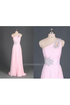 A-Line One-Shoulder Beaded Long Pink Chiffon Prom Evening Formal Dresses ED011114