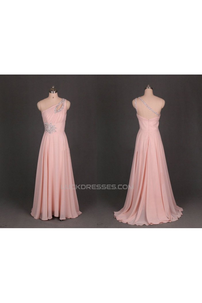 A-Line One-Shoulder Beaded Long Pink Chiffon Prom Evening Formal Dresses ED011114