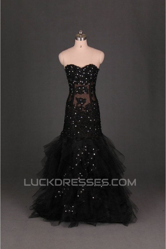 Trumpet/Mermaid Sweetheart Beaded Long Black Prom Evening Formal Dresses ED011117