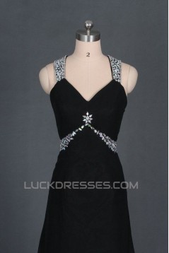 A-Line V-Neck Beaded Long Black Chiffon Prom Evening Formal Dresses ED011124