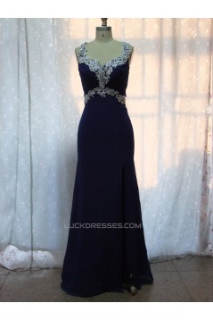 Sheath Beaded Long Blue Chiffon Prom Evening Formal Dresses ED011151