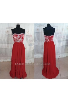 A-Line Strapless Beaded Long Red Chiffon Prom Evening Formal Dresses ED011155