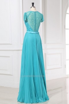 A-Line V-Neck Cap-Sleeve Beaded Long Lace and Chiffon Prom Evening Formal Dresses ED011158