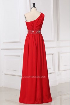A-Line One-Shoulder Beaded Long Red Chiffon Prom Evening Formal Dresses ED011160