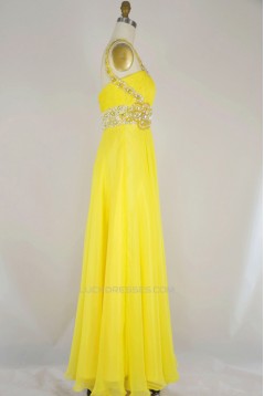 A-Line One-Shoulder Beaded Long Yellow Chiffon Prom Evening Formal Dresses ED011165