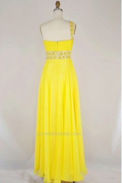 A-Line One-Shoulder Beaded Long Yellow Chiffon Prom Evening Formal Dresses ED011165