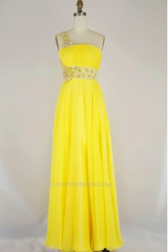 A-Line One-Shoulder Beaded Long Yellow Chiffon Prom Evening Formal Dresses ED011165