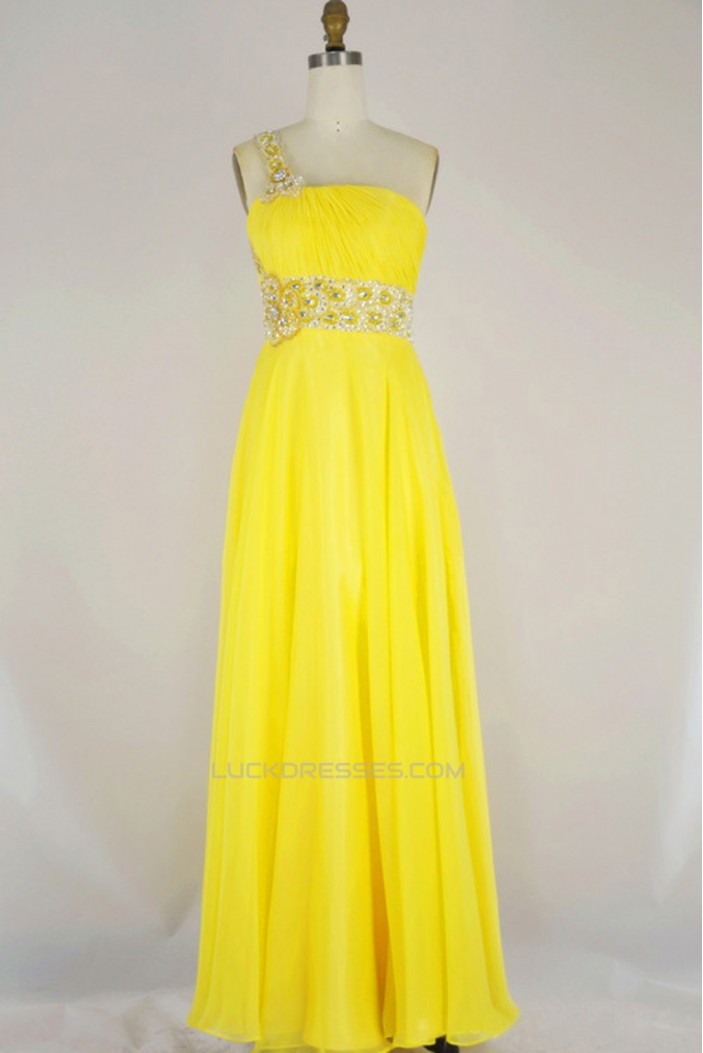 A-Line One-Shoulder Beaded Long Yellow Chiffon Prom Evening Formal Dresses ED011165