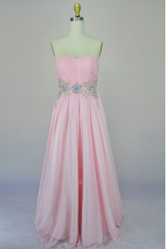 A-Line Sweetheart Beaded Long Pink Chiffon Prom Evening Formal Dresses ED011166