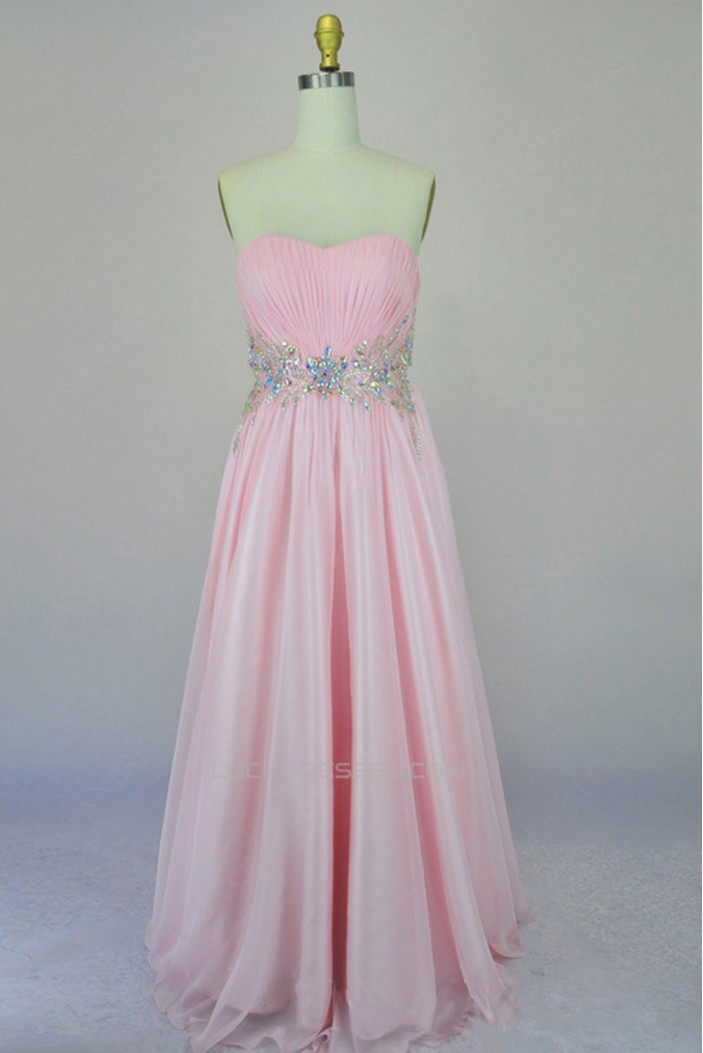 A-Line Sweetheart Beaded Long Pink Chiffon Prom Evening Formal Dresses ED011166