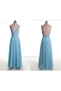 A-Line Halter Beaded Long Blue Chiffon Prom Evening Formal Dresses ED011170
