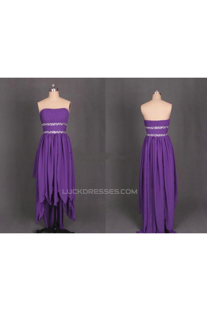High Low Strapless Beaded Purple Chiffon Prom Evening Formal Dresses ED011188