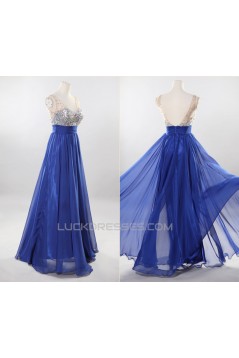 A-Line Beaded Long Blue Chiffon Prom Evening Formal Dresses ED011192