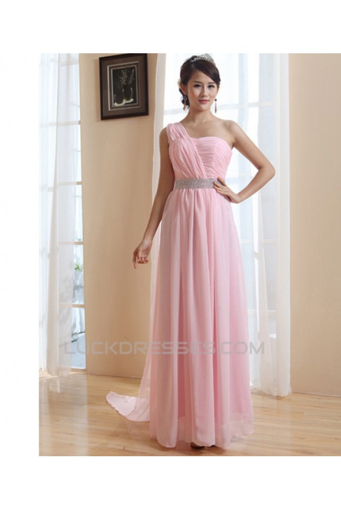 A-Line One-Shoulder Long Pink Chiffon Prom Evening Bridesmaid Dresses ED011210