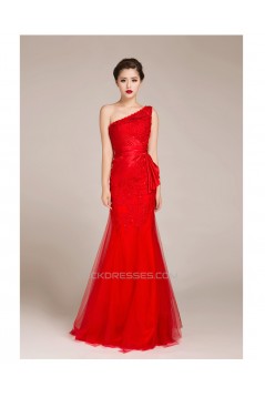 Trumpet/Mermaid One-Shoulder Beaded Long Red Prom Evening Formal Dresses ED011228