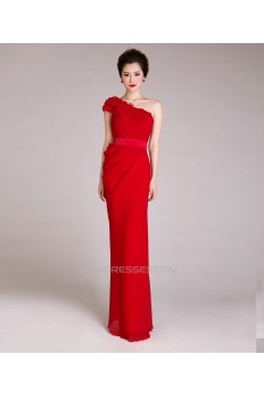 Sheath One-Shoulder Long Red Chiffon Prom Evening Formal Dresses ED011229