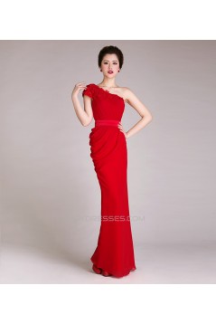 Sheath One-Shoulder Long Red Chiffon Prom Evening Formal Dresses ED011229