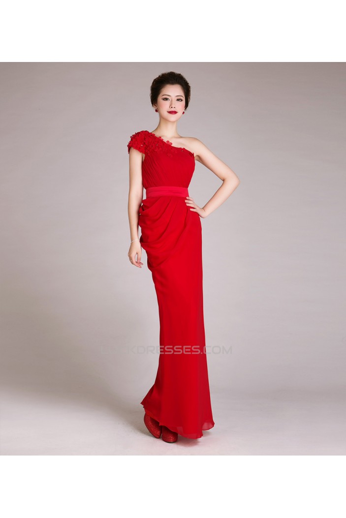 Sheath One-Shoulder Long Red Chiffon Prom Evening Formal Dresses ED011229