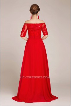 A-Line Off-the-Shoulder Half Sleeve Beaded Applique Long Red Chiffon Prom Evening Formal Dresses ED011239