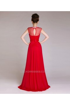 A-Line Jewel Beaded Long Red Chiffon Prom Evening Formal Dresses ED011242