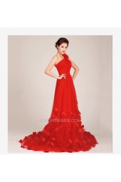 A-Line One-Shoulder Long Red Tulle Prom Evening Formal Dresses ED011250