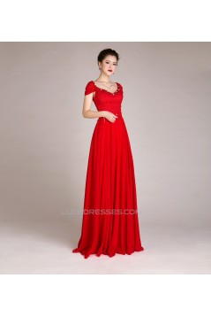 A-Line Cap-Sleeve Beaded Long Red Chiffon Prom Evening Formal Dresses ED011252