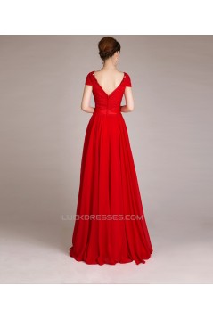 A-Line Cap-Sleeve Beaded Long Red Chiffon Prom Evening Formal Dresses ED011252