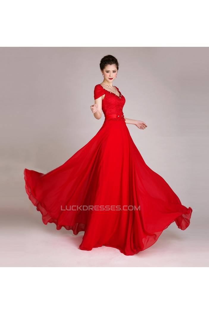 A-Line Cap-Sleeve Beaded Long Red Chiffon Prom Evening Formal Dresses ED011252