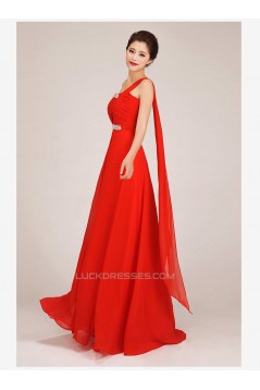 A-Line One-Shoulder Beaded Long Red Chiffon Prom Evening Formal Dresses ED011253