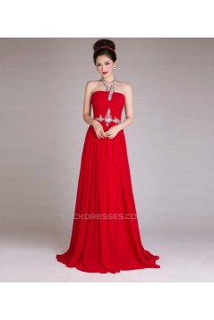 A-Line Halter Beaded Long Red Chiffon Prom Evening Formal Dresses ED011256