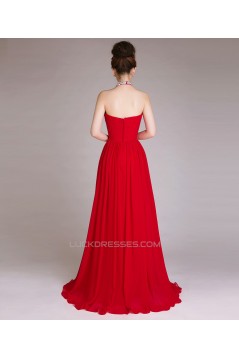A-Line Halter Beaded Long Red Chiffon Prom Evening Formal Dresses ED011256