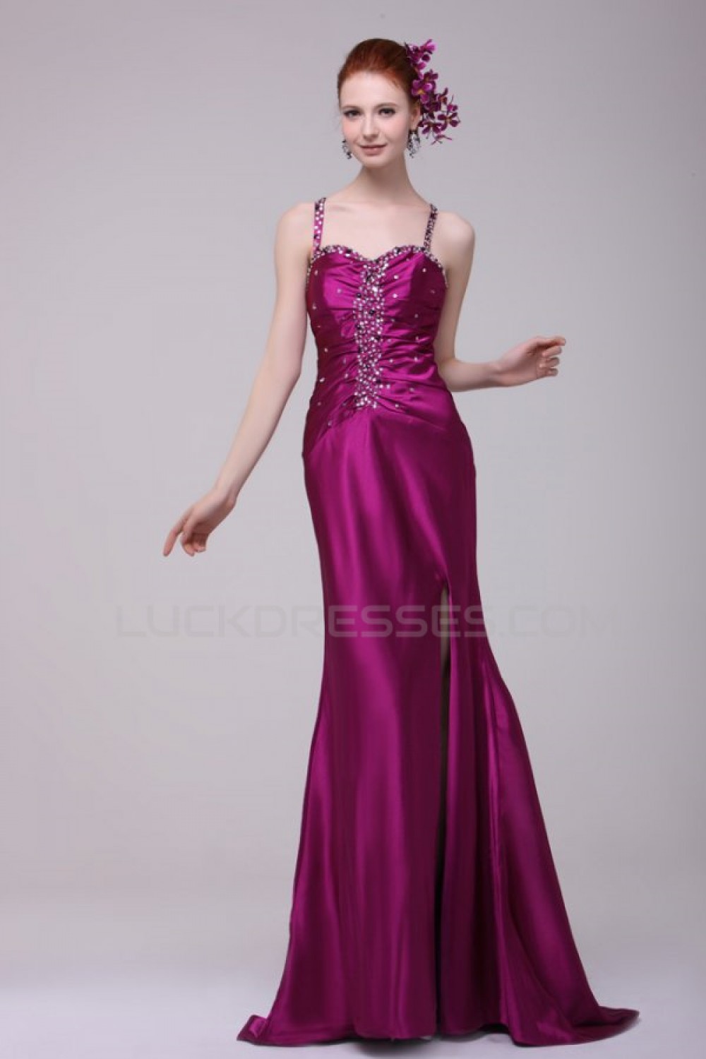 Long Purple Beaded Spaghetti Strap Prom Evening Formal Party Dresses ...