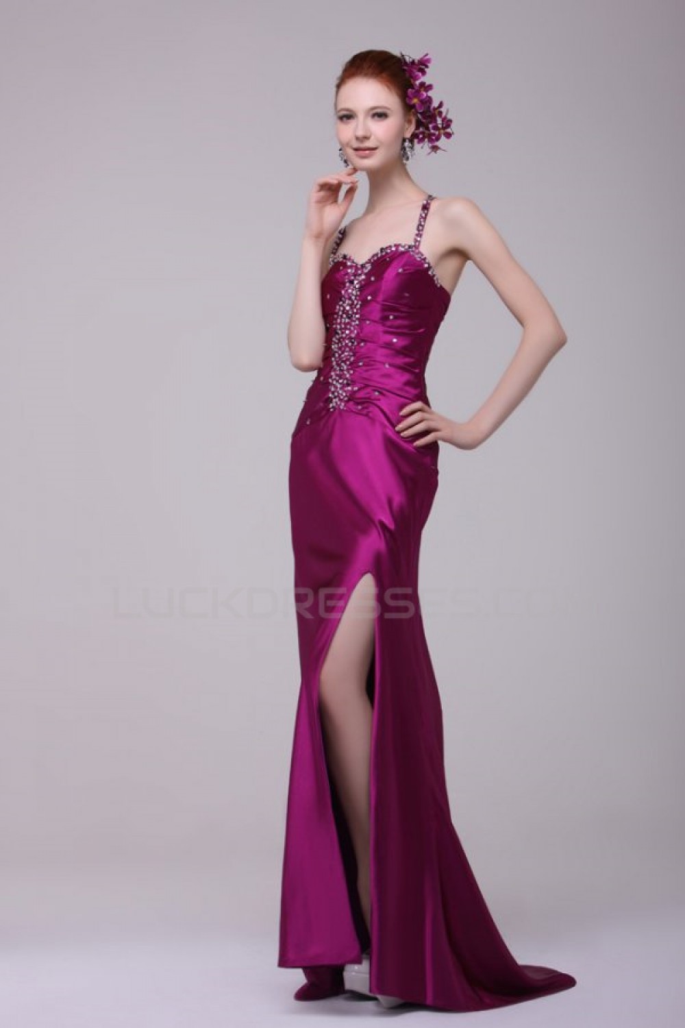 Long Purple Beaded Spaghetti Strap Prom Evening Formal Party Dresses ...