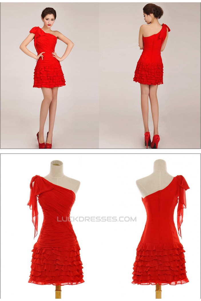 One-Shoulder Short Red Chiffon Prom Evening Formal Dresses ED011261