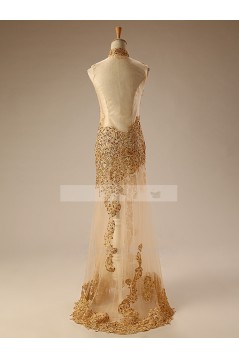 High-Neck Gold Beaded Long Prom Evening Formal Dresses ED011277