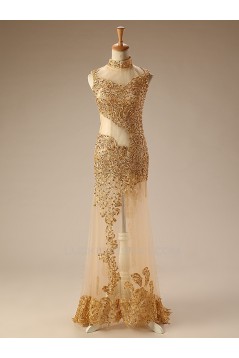 High-Neck Gold Beaded Long Prom Evening Formal Dresses ED011277