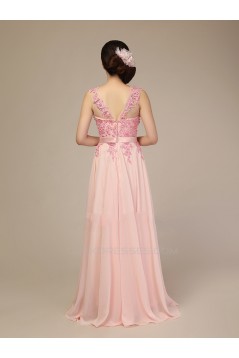 A-Line Beaded Applique Long Pink Chiffon Prom Evening Formal Dresses ED011278