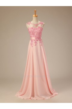 A-Line Beaded Applique Long Pink Chiffon Prom Evening Formal Dresses ED011278