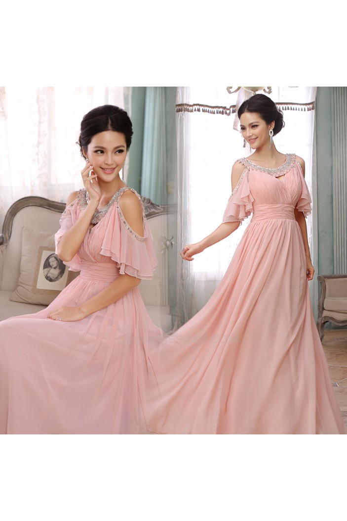 A-Line Beaded Long Pink Chiffon Prom Evening Formal Dresses ED011284