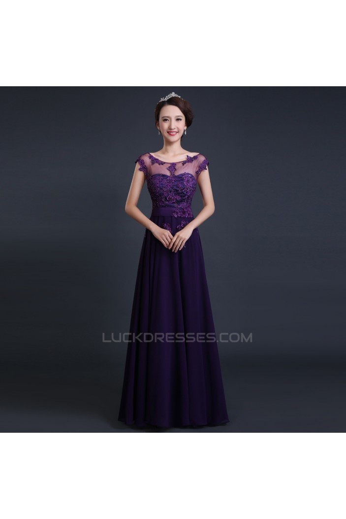 A-Line Beaded Applique Long Purple Chiffon Prom Evening Formal Dresses ED011289