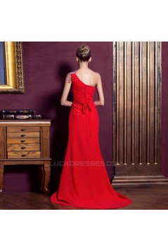 One-Shoulder Beaded Long Red Chiffon Prom Evening Formal Dresses ED011291