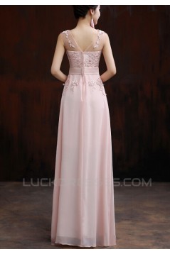 A-Line Beaded Applique Long Pink Chiffon Prom Evening Formal Dresses ED011292